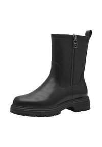 Bota de cuero negra hasta la mitad de la pantorrilla con suela gruesa, cremallera lateral y lengüeta en la parte trasera.