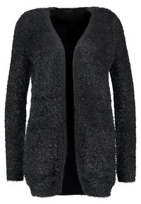 Czarny kardigan z otwartym przodem o puszystej fakturze, z długimi rękawami i dwoma przednimi kieszeniami. Miękki materiał o luźnym kroju. Bez zapięć.
