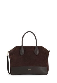 Barna velúr kézitáska sötét bőrkiegészítőkkel, dupla felső fogantyúval és levehető vállpánttal; cipzáros záródással és arany logóval rendelkezik.