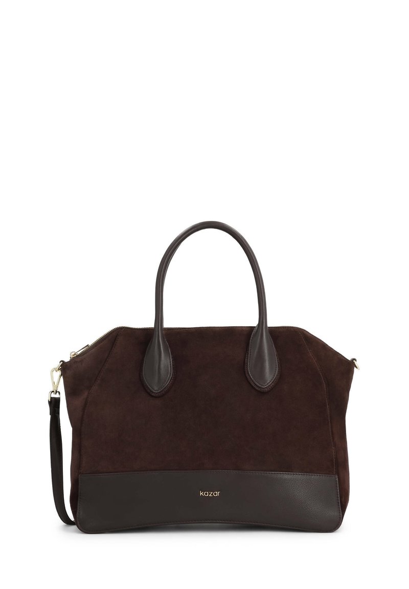 Barna velúr kézitáska sötét bőrkiegészítőkkel, dupla felső fogantyúval és levehető vállpánttal; cipzáros záródással és arany logóval rendelkezik.