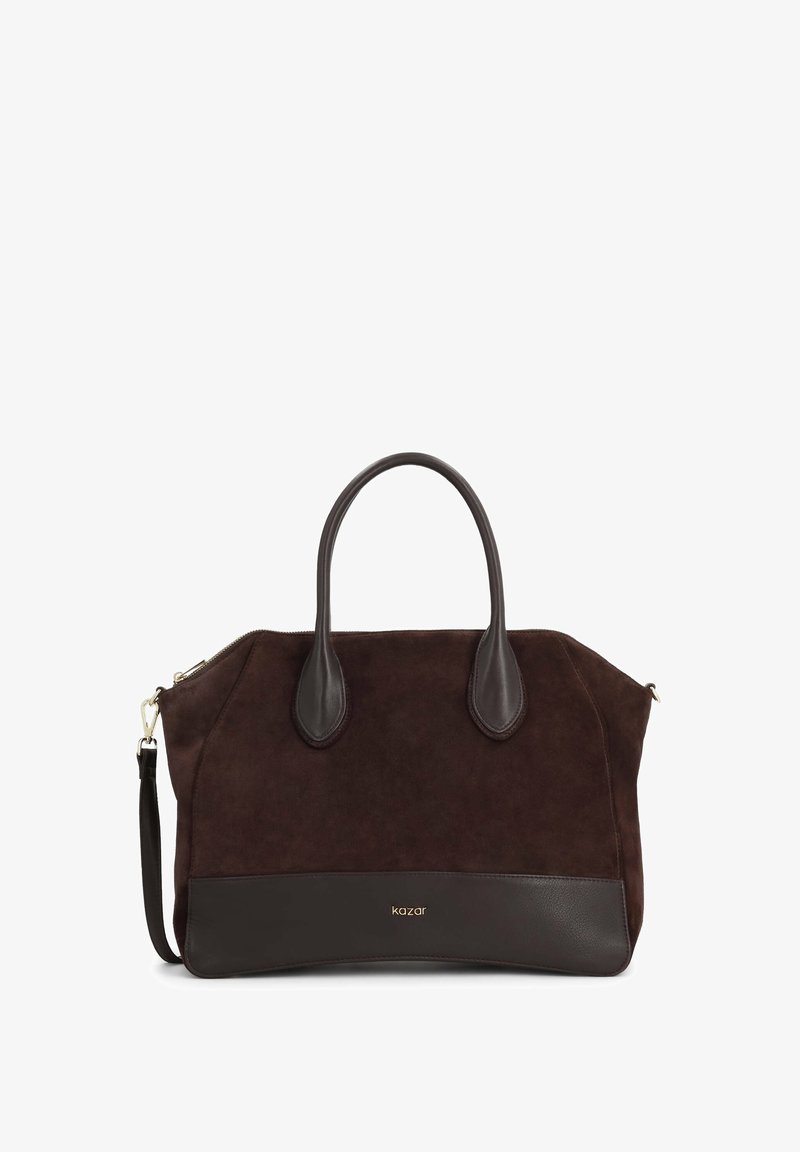 Barna velúr kézitáska sötét bőrkiegészítőkkel, dupla felső fogantyúval és levehető vállpánttal; cipzáros záródással és arany logóval rendelkezik.