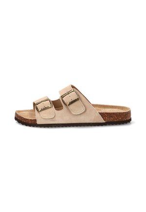 Sandalia tipo slide de ante beige con dos tiras ajustables y hebillas metálicas, plantilla de corcho y suela negra texturizada.