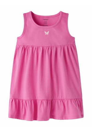 Sleeveless pink toddler dress with gathered waist and hem ruffle, featuring a small white butterfly embroidered on front chest.