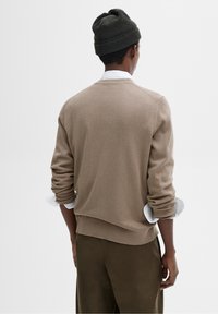Braun gestrickter Pullover mit geripptem Saum und Bündchen, mit weißen Hemdärmel, die aus den Ärmeln hervorlugen, getragen mit dunkelgrünen Hosen.