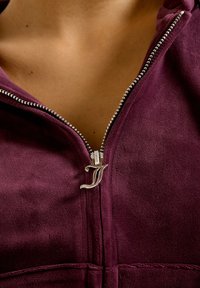 Felpa con zip color bordeaux dalla superficie liscia, con una zip argentata a forma di lettera stilizzata. Primo piano sul colletto.