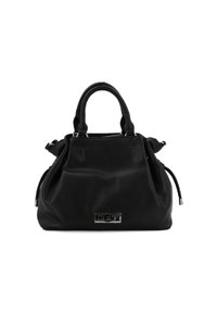 Borsa nera realizzata in materiale morbido con manici superiori arrotondati, design arricciato e una placca con logo frontale. Presenta finiture in metallo argentato.