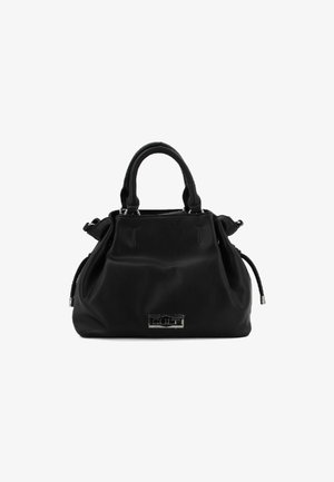 Borsa nera realizzata in materiale morbido con manici superiori arrotondati, design arricciato e una placca con logo frontale. Presenta finiture in metallo argentato.