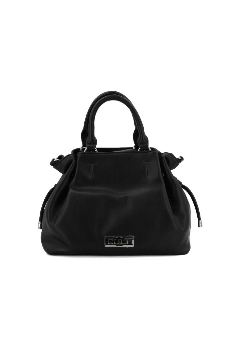 Borsa nera realizzata in materiale morbido con manici superiori arrotondati, design arricciato e una placca con logo frontale. Presenta finiture in metallo argentato.