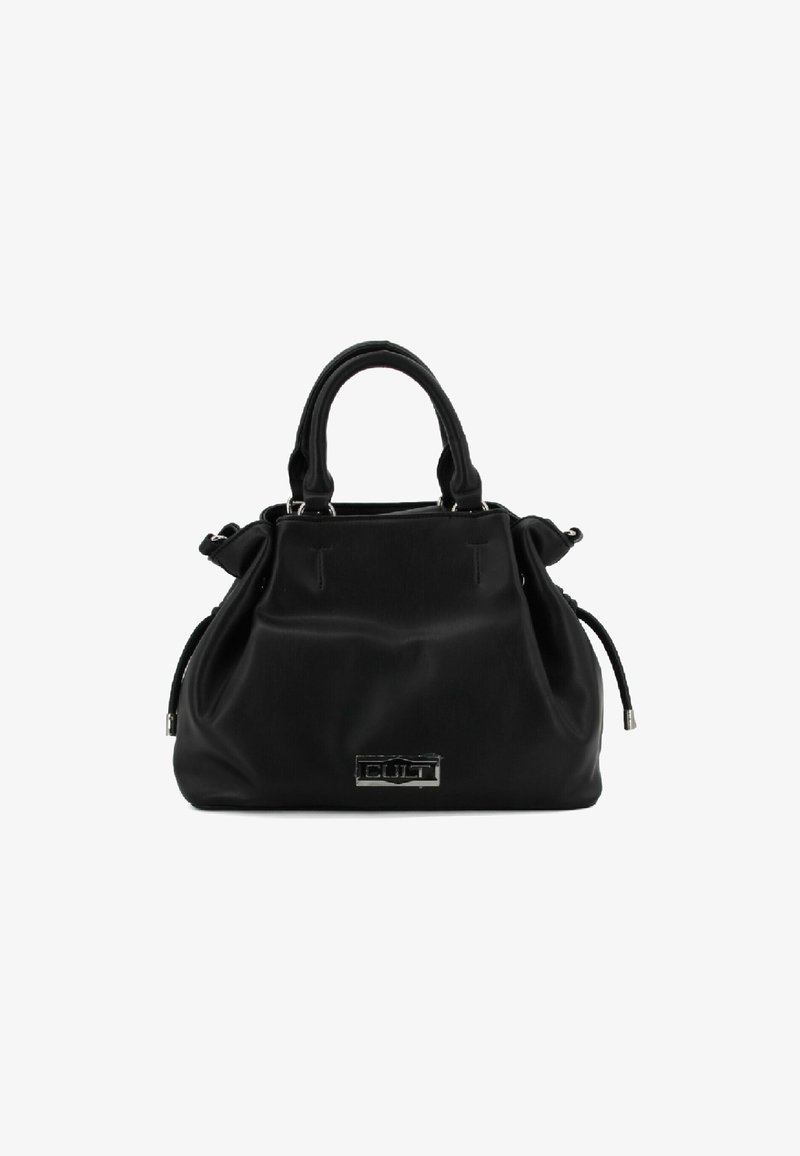 Borsa nera realizzata in materiale morbido con manici superiori arrotondati, design arricciato e una placca con logo frontale. Presenta finiture in metallo argentato.