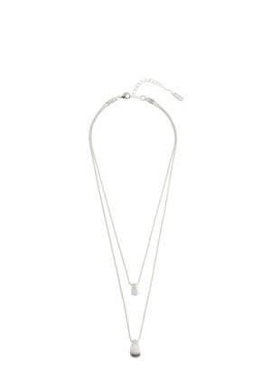 Double-layer silver chain necklace with two smooth teardrop-shaped pendants of different sizes on white background.