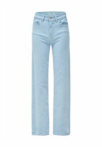 Jeans de mezclilla de pierna ancha en azul claro, con una cintura alta, dos bolsillos frontales y un cierre de botón sencillo. Textura suave con un acabado sutil.