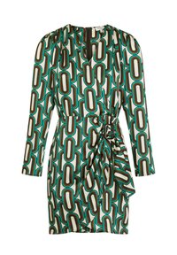 Robe à manches courtes avec un décolleté croisé, présentant un motif géométrique dans des teintes de vert, marron et crème, dotée d'une ceinture et de froncements sur le côté.