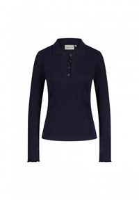 Navy geribbelde polo met lange mouwen, uitgerust met een kraag, een drieknoopsluiting en gegolfde manchetten. Soepele stoftextuur.