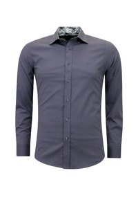 Herenoverhemd met lange mouwen in donkergrijze stof, met een knoopsluiting aan de voorkant, een subtiel logo op de borst en een gemêleerde binnenkraag.
