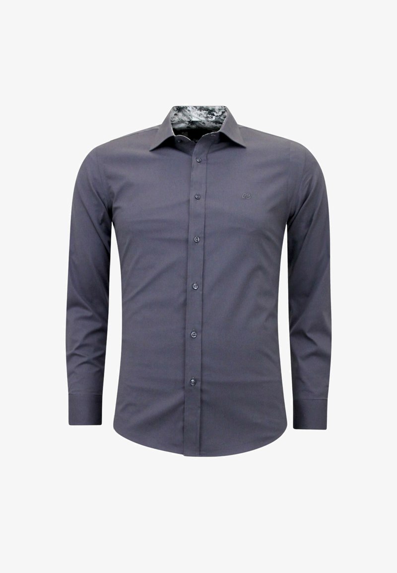 Herenoverhemd met lange mouwen in donkergrijze stof, met een knoopsluiting aan de voorkant, een subtiel logo op de borst en een gemêleerde binnenkraag.