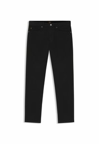 Jeans de denim negro con corte ajustado, que cuentan con cinco bolsillos, cremallera y cierre de botón. Textura suave y diseño minimalista.