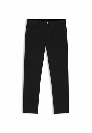 Zwarte denim jeans met een slim fit, voorzien van vijf zakken, een ritssluiting en een knoopsluiting. Glad textuur en minimalistisch ontwerp.