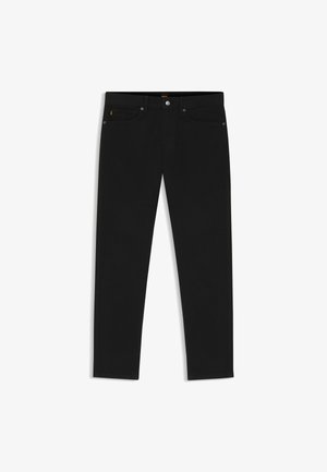 Schwarze Jeans aus Denim mit schmaler Passform, ausgestattet mit fünf Taschen, Reißverschluss und Knopfverschluss. Glatte Textur und minimalistisches Design.