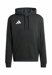 Haut à capuche noir en matière douce avec une poche avant, un cordon de serrage à la capuche et un logo Adidas blanc sur la poitrine. Manches et ourlet côtelés.