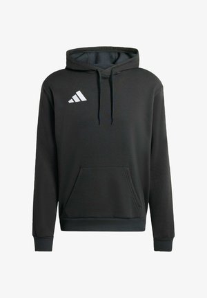 Czarna bluza z kapturem, wykonana z miękkiego materiału, z przednią kieszenią, kapturem ze sznurkiem i białym logo Adidas na klatce piersiowej. Krawędzie rękawów i dół są prążkowane.