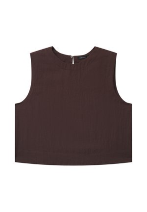 Ärmelloses, dunkelbraunes Cropped-Top mit rundem Ausschnitt und Knopfverschluss hinten.