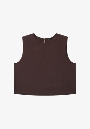 Ärmelloses, dunkelbraunes Cropped-Top mit rundem Ausschnitt und Knopfverschluss hinten.