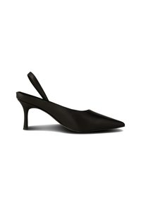 Čierne kožené slingback topánky s odporom a špicatou špicou a 5 cm stiletto podpätkom. Hladká textúra, minimalistický dizajn a úzka remienková podpora.