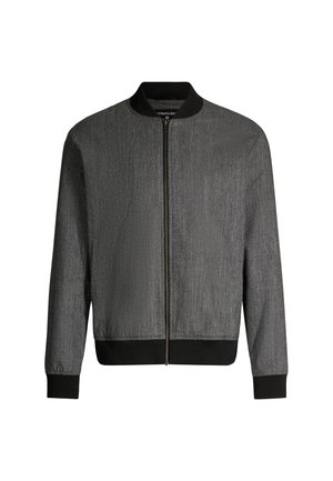 Graue Bomberjacke mit Reißverschluss und schwarzem Rippkragen, -bündchen und -saum, ausgestattet mit einem dezenten strukturierten Stoff und Seitentaschen.