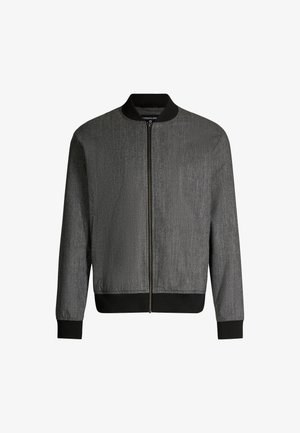 Graue Bomberjacke mit Reißverschluss und schwarzem Rippkragen, -bündchen und -saum, ausgestattet mit einem dezenten strukturierten Stoff und Seitentaschen.