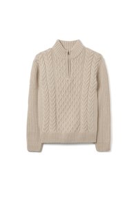 Maglione lavorato a maglia beige con colletto alto e zip a quarto. Presenta motivi a treccia testurizzati sul davanti e bordo e polsini a costine.