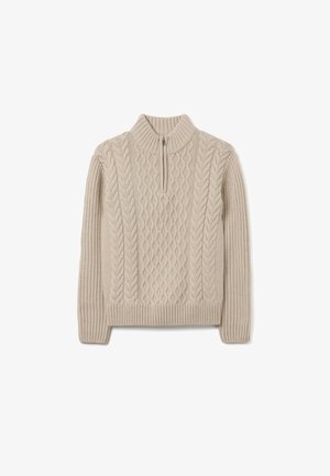 Beige gestrickter Pullover mit hohem Kragen und Viertelreißverschluss. Verfügt über strukturierte Zopfmuster auf der Vorderseite sowie gerippte Abschlüsse am unteren Rand und an den Ärmelabschlüssen.