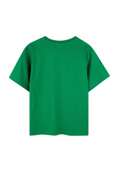 T-shirt in cotone verde con collo rotondo, maniche corte e vestibilità rilassata. Tessuto morbido con orlo dritto e senza etichette visibili.