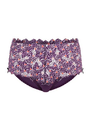 Lila Spitzen-Bikiniunterwäsche mit floralen Mustern und orangefarbenen Akzenten, gewellten Kanten und einem glatten lila Innenfutter.