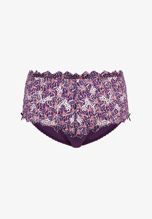 Purple lace bikini panties featuring floral patterns with orange accents, scalloped edges, and a smooth purple interior lining.