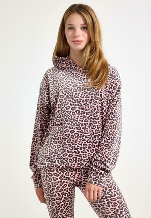 Hoodie mit pinkem Leopardenmuster und langen Ärmeln, mit einer vorderen Seitentasche und einer weichen Stofftextur, kombiniert mit passender Leggings.