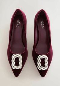 Par de bailarinas de terciopelo burdeos con punta en pico y hebillas rectangulares de pedrería sobre un fondo claro.