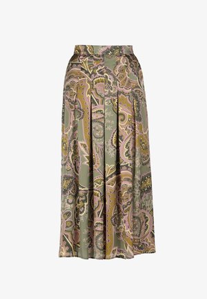 Jupe midi taille haute avec des plis et un motif paisley dans des tons de vert olive, rose, moutarde et noir.