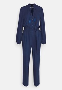 Navy blue jumpsuit with long sleeves, collar, button front, tie waist, and textured fabric. Features dual tassels at the neckline.