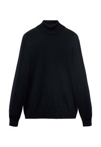 Suéter negro de cuello alto de manga larga con puños y dobladillo acanalados, presentado sobre un fondo blanco.