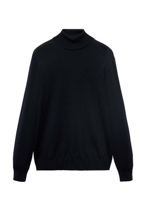 Zwarte langeslouw turtleneck trui met geribde manchetten en zoom, gepresenteerd tegen een witte achtergrond.