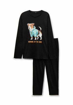 Black long-sleeve pajama set featuring a graphic of a dog in a blue hoodie with the text "BEWARE OF THE DOG." Soft fabric for comfort.