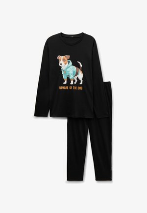 Schwarzes Pyjama-Set mit langen Ärmeln, das ein Grafik eines Hundes in einem blauen Hoodie mit dem Text "VORSICHT HUND" zeigt. Weicher Stoff für Komfort.