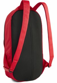 Zaino rosso e nero con un'esterno liscio, schienale in rete imbottito e spallacci regolabili. Presenta una forma elegante e arrotondata con un vano con zip.
