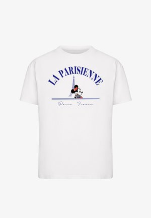 Bílé bavlněné tričko s nápisem "LA PARISIENNE", grafikou Eiffelovy věže a kreslenou postavičkou s červenou mašlí, v modrých a černých akcentu.