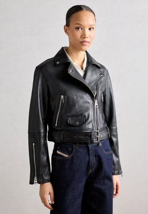 BIKER JACKET CROPPED ZIPPER DETAILS WITH BELT - Leren jas - black