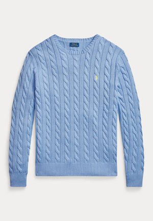 Világoskék, kötött fonott mintájú kerek nyakú pulóver hosszú ujjal, a mellkas részén apró, sárga hímzett Polo Ralph Lauren logóval.