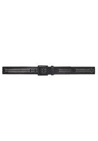 Ceinture perforée noire en matériau flexible, dotée d'une boucle en métal rectangulaire et d'une pointe réglable pour assurer un maintien optimal.
