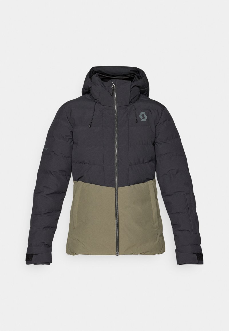 Schwarze und olivgrüne isolierte Winterjacke mit Kapuze, Frontreißverschluss, Kordelzügen und Logo auf der Brust und dem Ärmel.