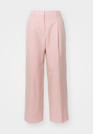 Pale pink wide-leg trousers with a high waistband, front pleats, and stitched hem details. Made from smooth, lightweight fabric.