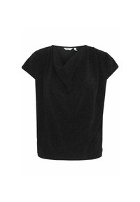 Top nero a maniche corte con scollatura a V e fronte drappeggiato. Realizzato in un tessuto testurizzato con una leggera lucentezza. Vestibilità ampia con orlo curvo.